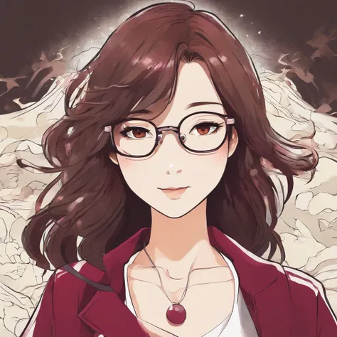 Girl with shoulder-length brown hair and brown eyes and burgundy glasses