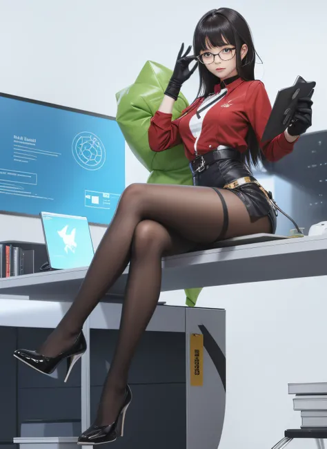 menina anime sentada em uma mesa com um computador e uma planta, detalhes finos. meninas da linha de frente, de meninas da linha de frente, Anya, Spy X Family, Meninas da linha de frente cg, meninas estilo linha de frente, Estilo de pista Azur, pixiv 3dcg ...