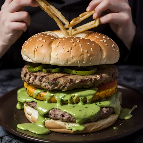 araffe burger with cheese and lettuce and fries on a plate, big juicy burger, burger on a plate, deathburger, hamburger monster, tentacles wrapped around burgers, burger with human mouth, burger, burger with a mouth, foodporn, burger with human eyes, maste...