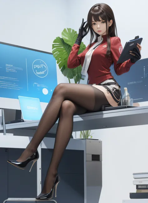 menina anime sentada em uma mesa com um computador e uma planta, detalhes finos. meninas da linha de frente, de meninas da linha de frente, Anya, Spy X Family, Meninas da linha de frente cg, meninas estilo linha de frente, Estilo de pista Azur, pixiv 3dcg ...