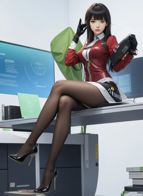 menina anime sentada em uma mesa com um computador e uma planta, detalhes finos. meninas da linha de frente, de meninas da linha de frente, Anya, Spy X Family, Meninas da linha de frente cg, meninas estilo linha de frente, Estilo de pista Azur, pixiv 3dcg ...