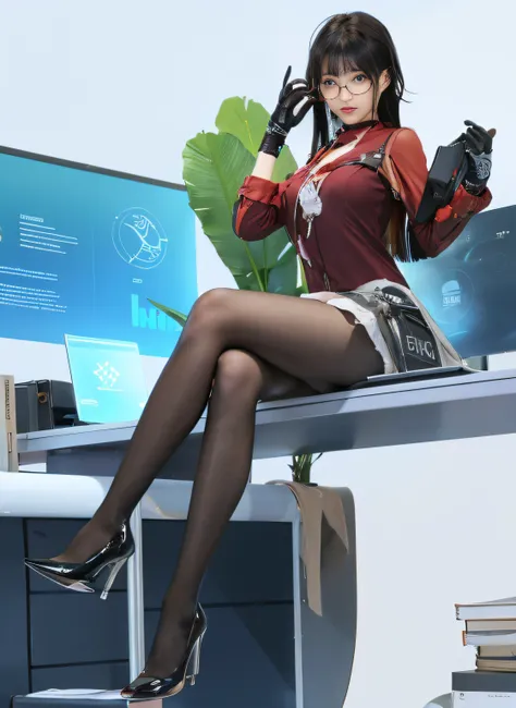 menina anime sentada em uma mesa com um computador e uma planta, detalhes finos. meninas da linha de frente, de meninas da linha de frente, Anya, Spy X Family, Meninas da linha de frente cg, meninas estilo linha de frente, Estilo de pista Azur, pixiv 3dcg ...