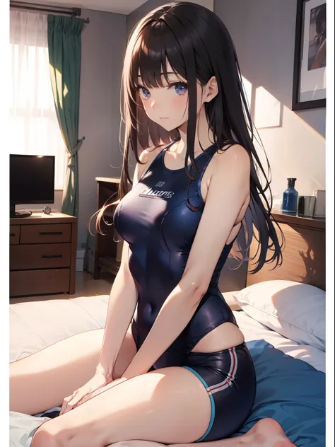 The ultra -The high-definition、high-level image quality、top-quality、Full feet and hands、complete fingers、Beautuful Women、1 persons、Turning around、Back angle、embarassed expression、School swim wear、Black stockings、Hotel bedroom、cinematlic lighting