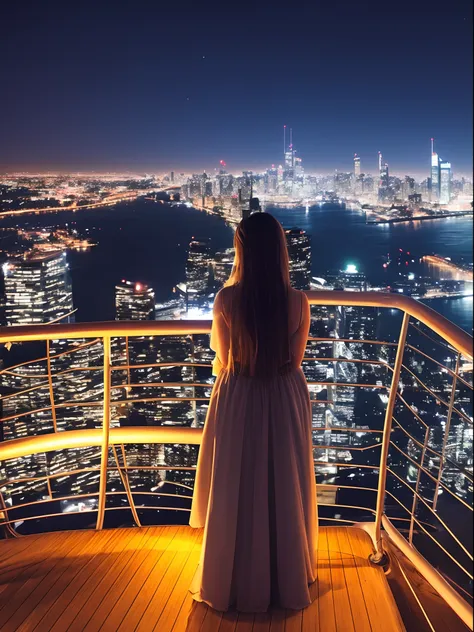 Night view of the city by boat again､Beautiful woman looking at the night view on the deck