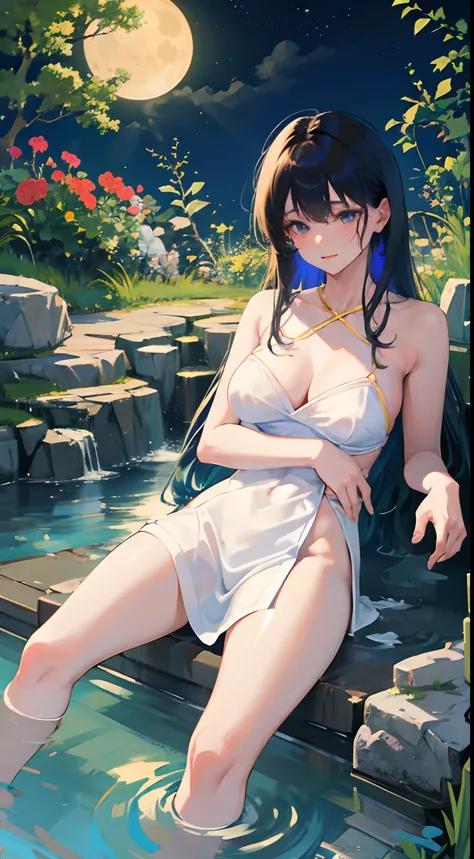 Woman relaxing in hot spring,２０generation,Look up at the moon、Colored leaves、Satisfied face,Cover your hair with a towel,Beautiful light of inspiration,Elegant water flow,a soothing atmosphere,Quiet and calm background，Lace，pantiess，Loves，Bare legged