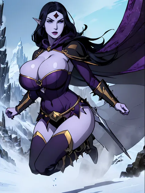 (masterpiece, top quality, best quality, official art, beautiful and aesthetic:1.2), (1girl:1.3), ((Sharp facial features, sharp features, hawkish features)), ((long black hair)), (((pale purple skin, pale blue skin, blue skin, purple skin))), big tiddy Go...