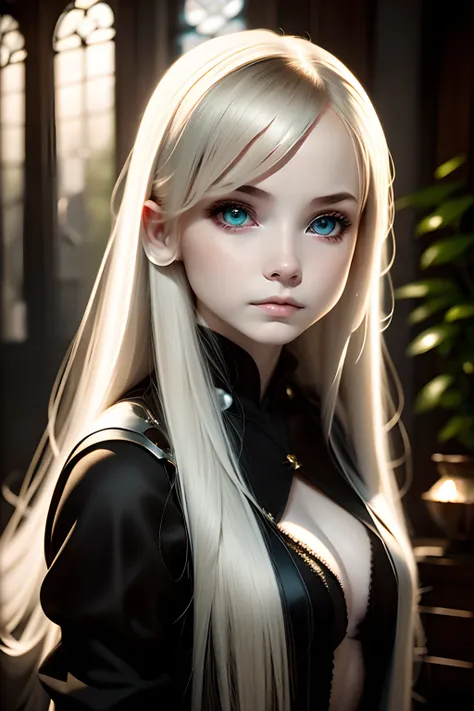 13 year old girl with pale skin and long teens, Straight ash blonde, Big ,Dark eyes , With an intense and enigmatic look. Wear Orphan Movie Clothing Styles, With a more elegant and sophisticated touch, Match her mysterious and intense personality. Overall,...