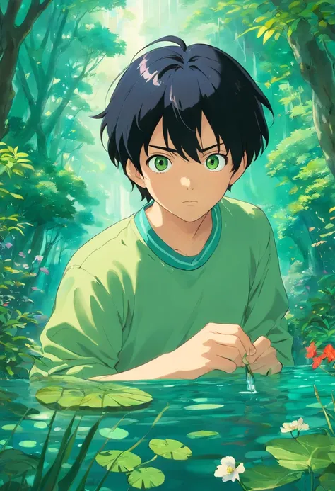 Boy, black hair, olhos verdes brilhantes,no expression,16 anos,estilo de paisagens de jardim tranquilas, animated color photos, Masami Teraoka, aquamarine, Paulo Gauguin, Estilo Embry, retrato honesto