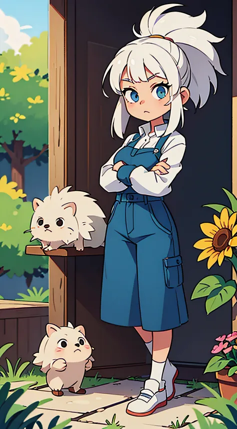 Girl with white hair and hedgehog