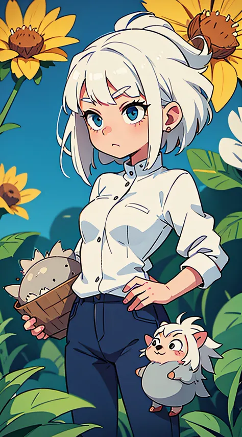 Girl with white hair and hedgehog