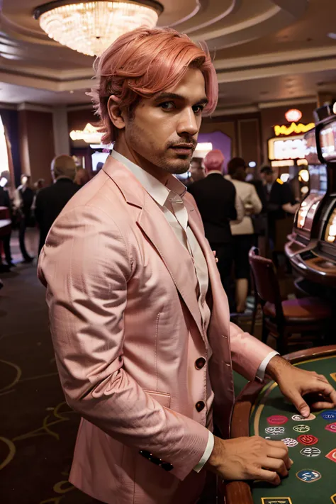 Man with salmon pink hair, barba curta, Fancy clothes and youre in a casino