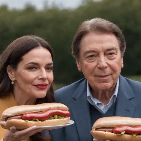 "Jo Soares and Silvio Santos in England, holding hot dogs in their hands, both of them together in the picture, with serious expressions."