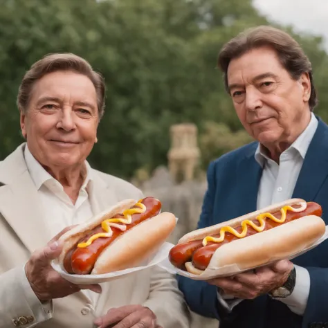 "Jo Soares and Silvio Santos in England, holding hot dogs in their hands, both of them together in the picture, with serious expressions."