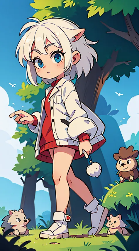 Girl with white hair and hedgehog