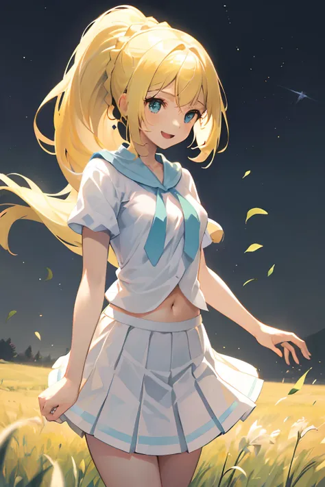 a blond,simple background,Alily, Long hair, Ponytail, french braids, White shirt, Short sleeves, White skirt, Pleated skirt,nimbly,Navel out,Smile with open mouth,grass field,Top image quality,masutepiece,Best Quality