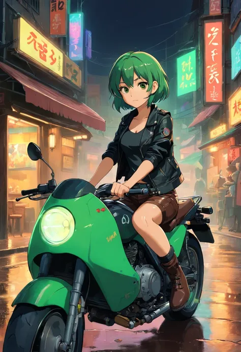 1girl in, Brown skin, short green hair, Brown eyes, Wearing a black tank top, Wearing black_Green Leather Jacket, Black leather pants, sitting on a motorcycle, At night, Black leather boots, City Street, Rain-soaked ground, Fall, Night time, Neon sign back...