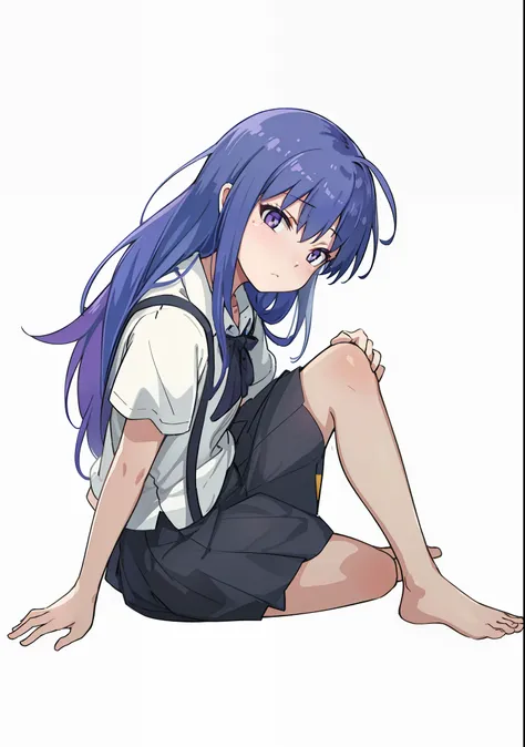 hiquality, tmasterpiece (one girls)  purple hair. cuteface. Shirt. Dark skirt. bare footed. violet eyes.