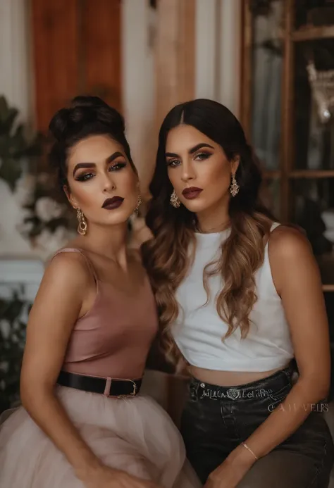 There are two women who are posing together for a photo, 1 6 years, Pendientes enormes y maquillaje queer, taken in the early 2020s, she is about 1 6 years old, alanis guillen, tomada en 2 0 2 0, 18 years old, con maquillaje profesional, Cara detallada!, l...