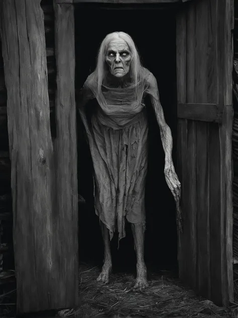 very old woman with demonic face, skins the body in the wood with small cabin ,black and white , blair witch , horror style, realistic photography , wood enviro