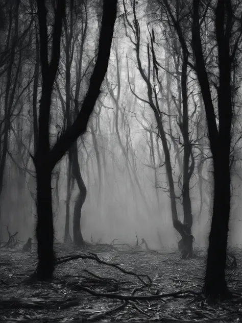 dark wood with floating bodies  ,black and white , horror style, realistic photography , wide aspect ratio , dust and scratches .