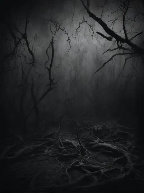 dark wood with floating bodies  ,black and white , horror style, realistic photography , wide aspect ratio , dust and scratches .