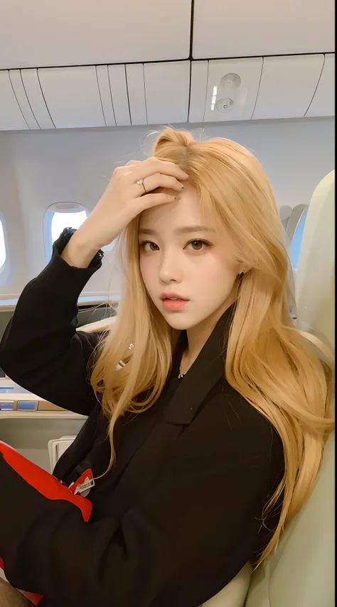 Araffe woman sitting on an airplane with her hand on her head, Parque Roseanne do Blackpink, jossi do blackpink, Retrato de Jossi de Blackpink, Lalisa Manobal, Lalisa Manoban do Blackpink, jisoo do blackpink, foto de perfil headshot, Dom Yunjoo, Heonhwa Ch...