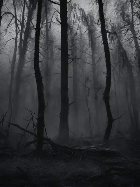 dark wood with  dead bodies hanging from trees, black and white , horror style, realistic photography , wide aspect ratio , dust and scratches .