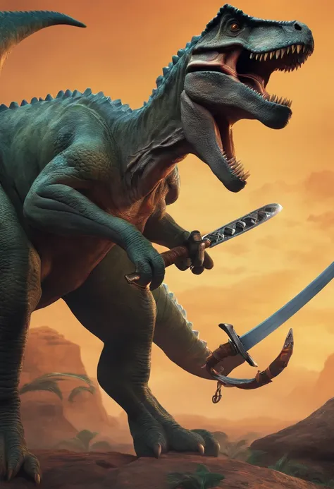 A dinosaur with a half-human body shows her and machine parts and holding a katana in one hand