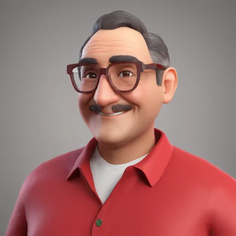 Carlos is a smiling 50-year-old man with little hair, glasses and red clothes.