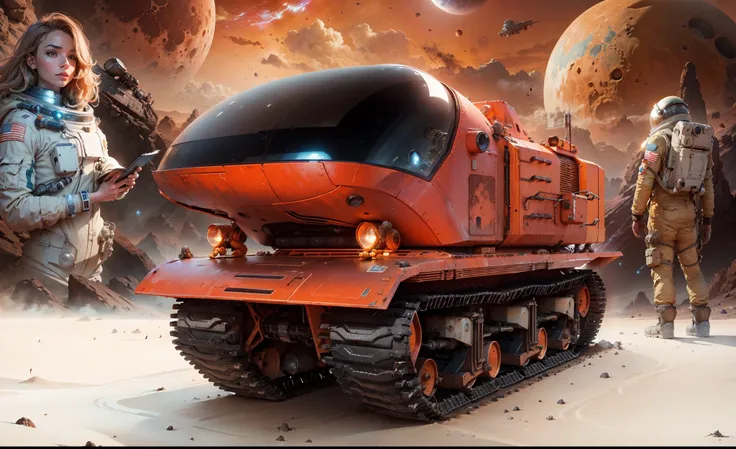 A powerful, rusty tracked vehicle used with all the sci-fi gadgets running on a Mars surface with tire tracks in the Martian soil,  a beautiful astronaut taking notes and an astronaut in the spacesuits standing there watching the surface of Mars in the bac...