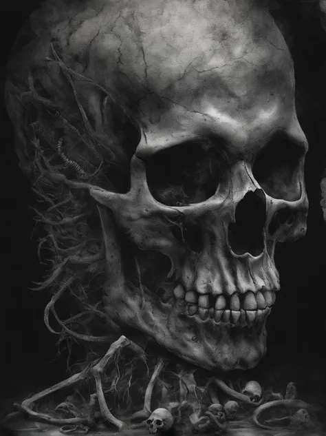 bones and skulls with worms, black and white , horror style, realistic photography , wide aspect ratio , dust and scratches .