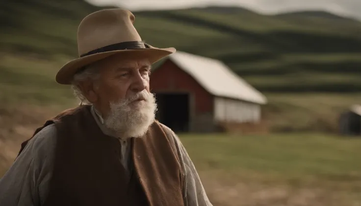 Create a cinematic photo of an old man, humilde, trabalhador de lavoura, usando roupas velhas em trapos, ((fadiga esmagadora), rugas da idade, olhar triste. The atmosphere is that of a farm at dusk. Riqueza de detalhes,   8k uhd, dslr, soft-lighting, alta ...