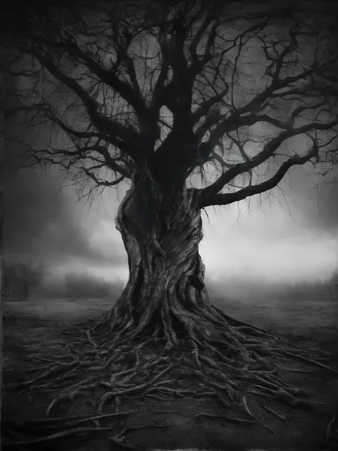 Tree from bones in dark wood, black and white , horror style, realistic photography ,dust and scratches .