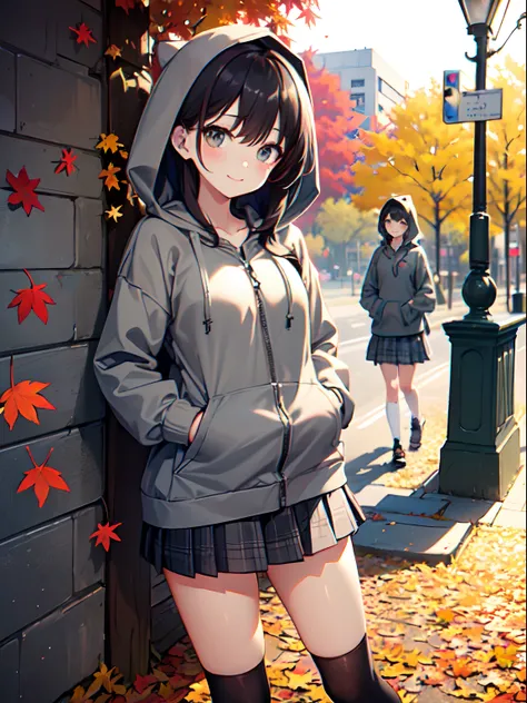 1 beautiful young girl, 14-year-old junior high school girl、(flat chest)、(Dark-haired girl in grey oversized full-zip hoodie:1.3),(Do not wear hoodie hood:1.3)、Wearing a shirt inside a hoodie、(Plaid pleated skirt), (high socks), (lowfers),(Long straight ha...