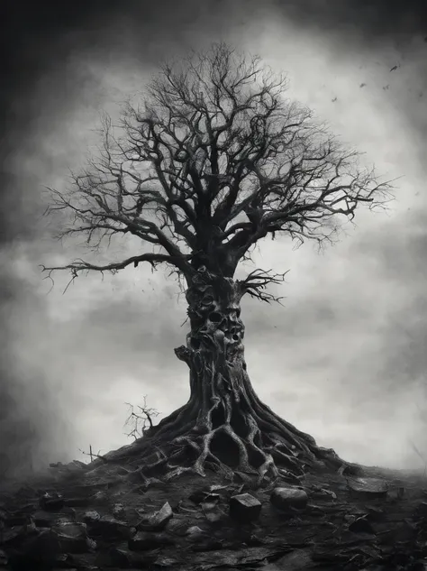 Alone tree made from skulls in dark wood, black and white , horror style, realistic photography ,dust and scratches .