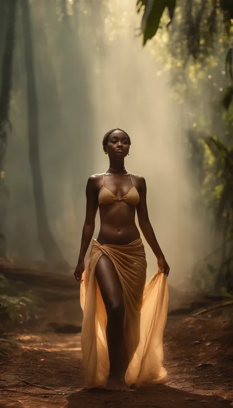 undine, fullnude、Cute African Girl, rainforests, Forest fire on background, Raw photo, FOV, Lens Flare, god rays, Overglaze, Volumetric fog, Cinematic Light, depth of fields, epicd, Realism, Wallpaper, Detailed, detaile, intrincate, 8K HDR, Golden ratio, A...