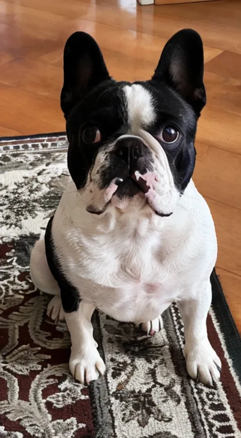 Arafed black and white dog sitting on a rug on a wooden floor, looking-into-camera, screaming at the camera, staring directly at camera, smiling at camera, looking the camera, staring at the camera, olhar orgulhoso, looks into the camera, Looking towards t...