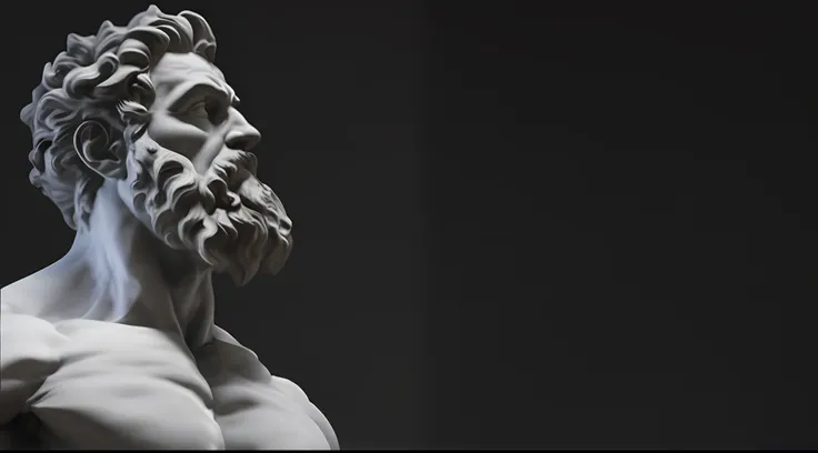 a close up of a statue of a man with a beard, statue of hercules looking angry, Retrato de Zeus acidentado, escultura realista de 8k bernini, divino e estoico, rosto estoico, classic sculpture, Arnold e Zbrush, portrait of demigod hercules, Estoicismo, Ret...