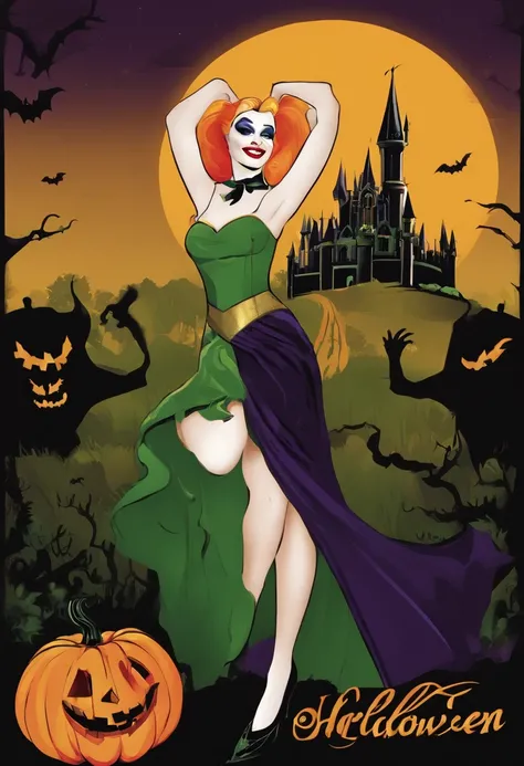 digital art vintage 50’s advertisement style poster. Gothic Harley Quinn summons a giant orange pumpkin with a green stem and a spooky face. The title is ‘Happy Halloween!!’ written with large, curved, and dripping letters in yellow and purple. The title i...