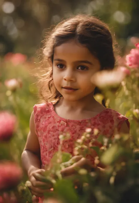 A indian kid joyfully running towards the camera, well detailed face, in between the flowers, with cinematic light. The scene is filled with pink colored flowers. The kids face is detailed, with beautiful eyes, nose, and lips. The flowers are in full bloom...