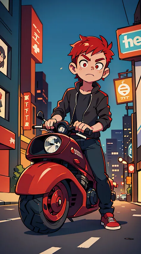 Guy with red hair. black clothing. motorcycle. night city