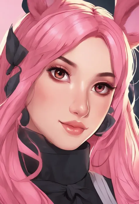 anime style, a closeup of a cartoon of a woman with ears and rabbit tail, with rabbit tail, with rabbit ears, girl design, mara, portrait, giesha, anime image, long hair, pink hair, hair covering ears, happy, polished and powerful look, exotic, tall