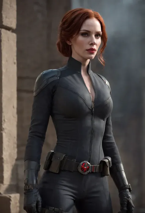 Christina Hendricks as black widow from the Marvel universe, in an urban environment, super detailed, super detailed black widow costume, 48 years old women, fair pale skin, buxom chested, big breasts, large cleavage, high-quality face study of Christina H...