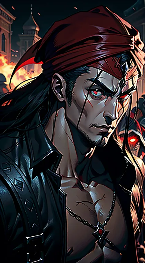 Castlevania Hyper Realistic Shadow Lord Super Detailed Dynamic Shot Master Piece of Lord Dracula Medieval Arab Warrior with Red Turban Scary Face Hokuto No Ken Structure Face Muscular Kenshiro Leading Troops Army of Demons to Battle Sharp Details Cinematic...