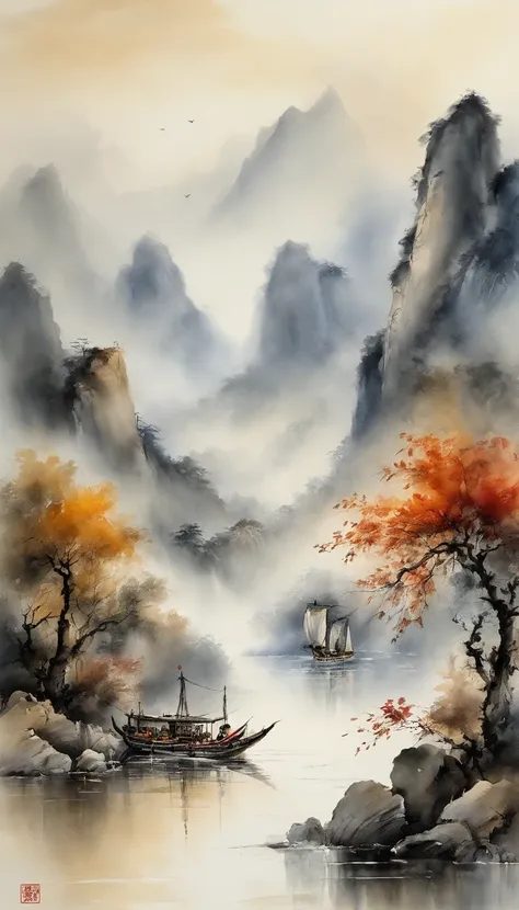 Chinese landscape painting，ink and watercolor painting，water ink，inky，，Faraway view，Ultra-wide viewing angle，meticulous，Light boat in the distance，Faraway view，meticulous，，low-saturation，Low contrast，Light boats crossed ten thousand heavy mountains，Beautif...