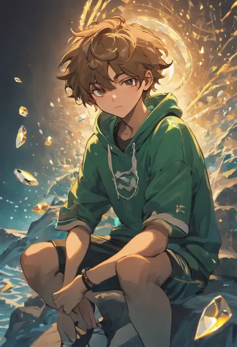 realism portrait of a tall teenage ((boy)), masculine, handsome, ambitious, happy, mixed race ((light, tan skin color)), ((short, luscious curly hair)), ((surfer hair)), big brown eyes, sitting counting a bunch of money, ((diamond watch)), ((diamond chains...