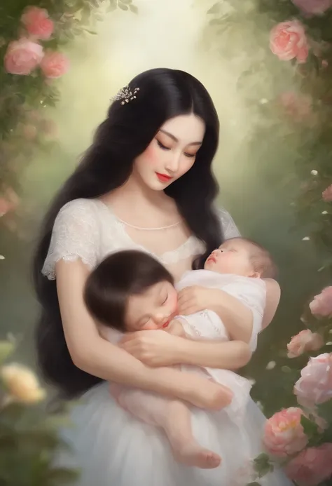 A beautiful girl with oval face, double eyelids, high nose, long black hair, white skin. She is holding a cute baby girl