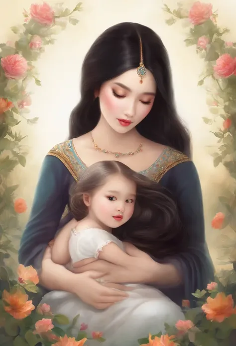 A beautiful girl with oval face, double eyelids, high nose, long black hair, white skin. She is holding a cute baby girl