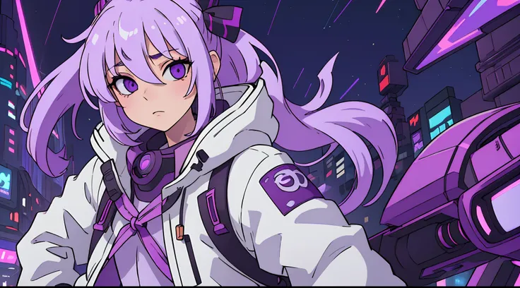 1girl,solo,mecha girl ,Albino, cute, purple hair, blonde hair, beautiful, long hair, purple eyes, wearing a parka jacket, robotic mask,dragon horn,cyberpunk jacket, hair with a ribbon,night light ((8k, UHD, ultra realistic))