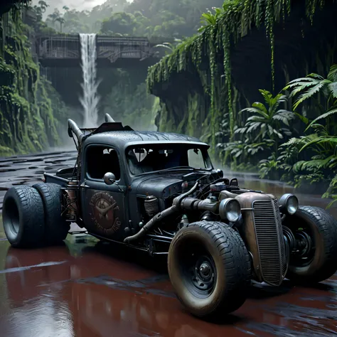 rat_rod, at lonley highway on an alien planet, rainforrest, hyper detailed, waterfall,,